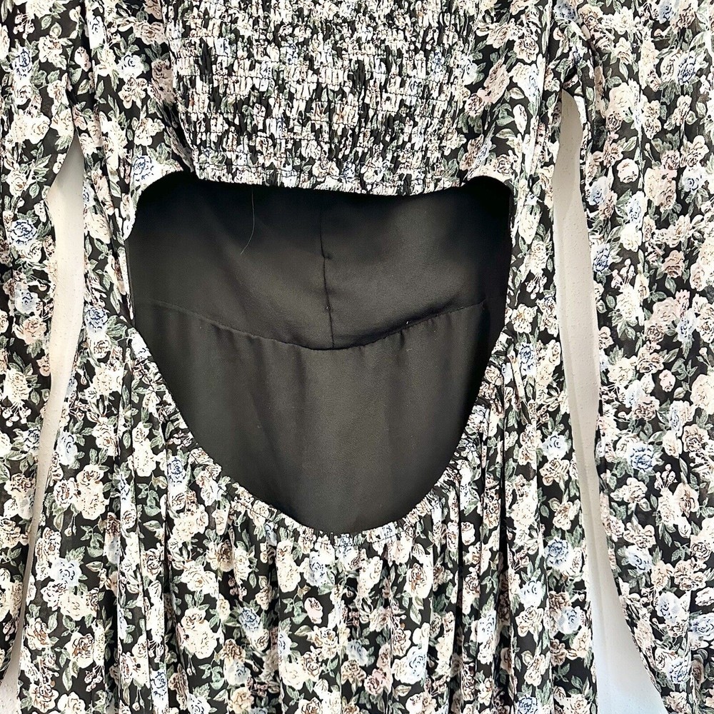 Lush Womens MIDI Dress W/ Puff Sleeve In Black Multi Floral- Size Large - Picture 10 of 14